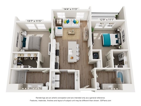A 3D floor plan of a house with dimensions and furniture layout.